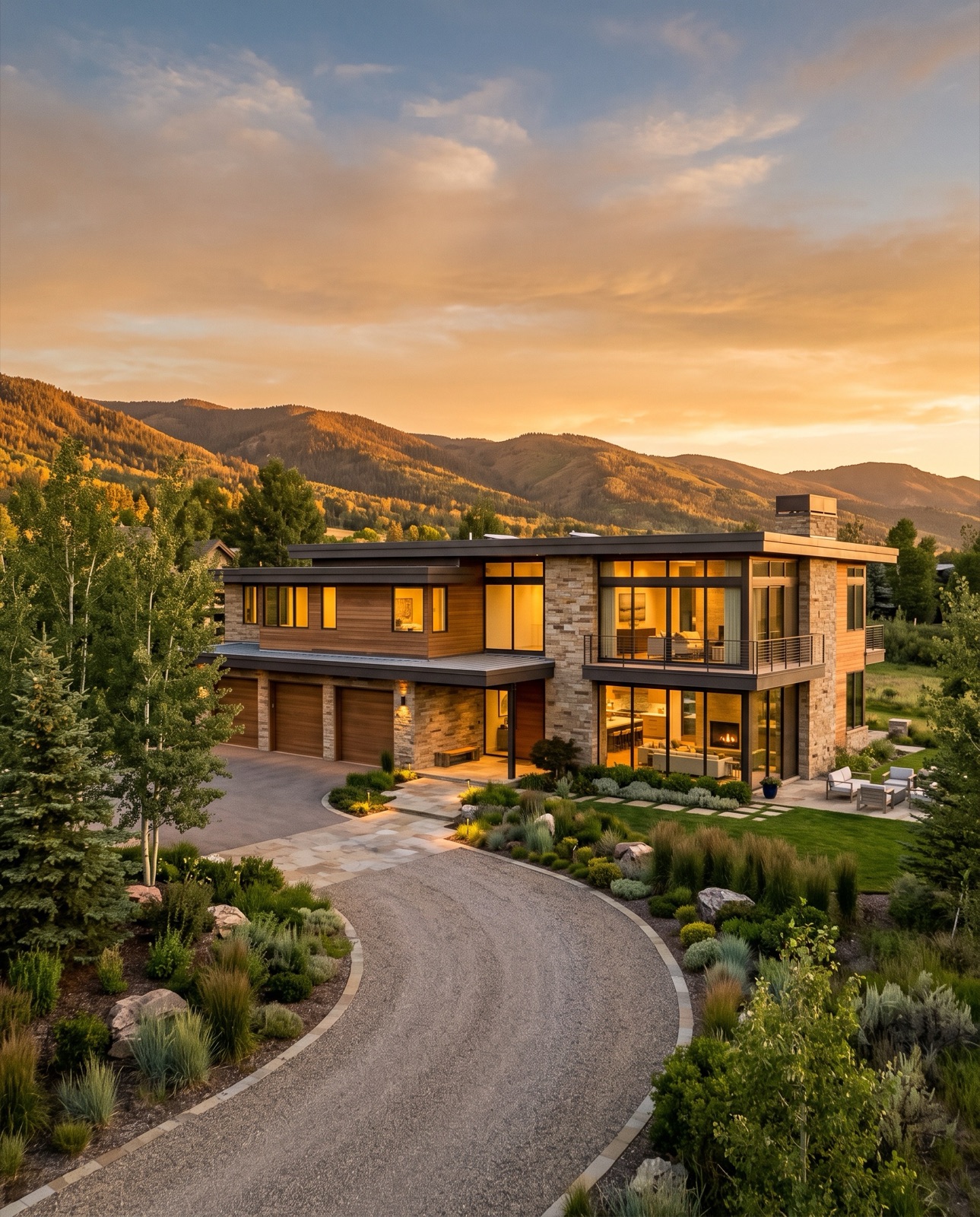 Modern Colorado luxury home at golden hour